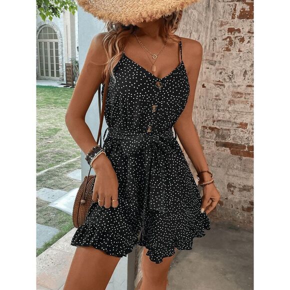 Polka Dot Ruffle Hem Belted Cami Romper New Black Size Small (4) Women's - Picture 1 of 3